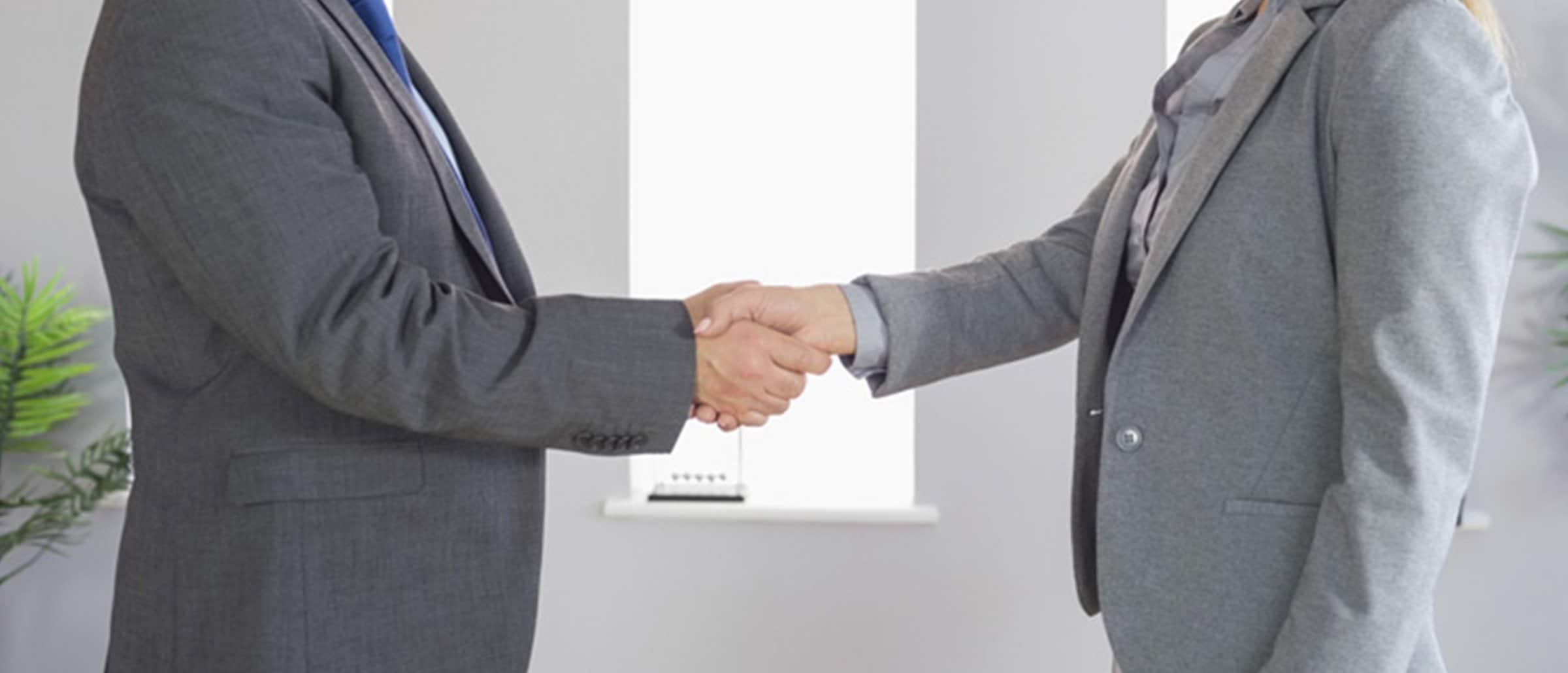 Businessman and businesswoman in grey suits standing and shaking hands